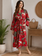 Safari Print Cotton Kimono Robe Women Red Leo...