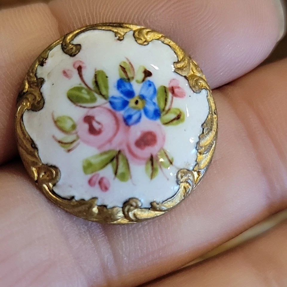 Beautiful Antique Enamel Button With Flowers And Gold Rococo Border NBS Medium - Image 2 of 4
