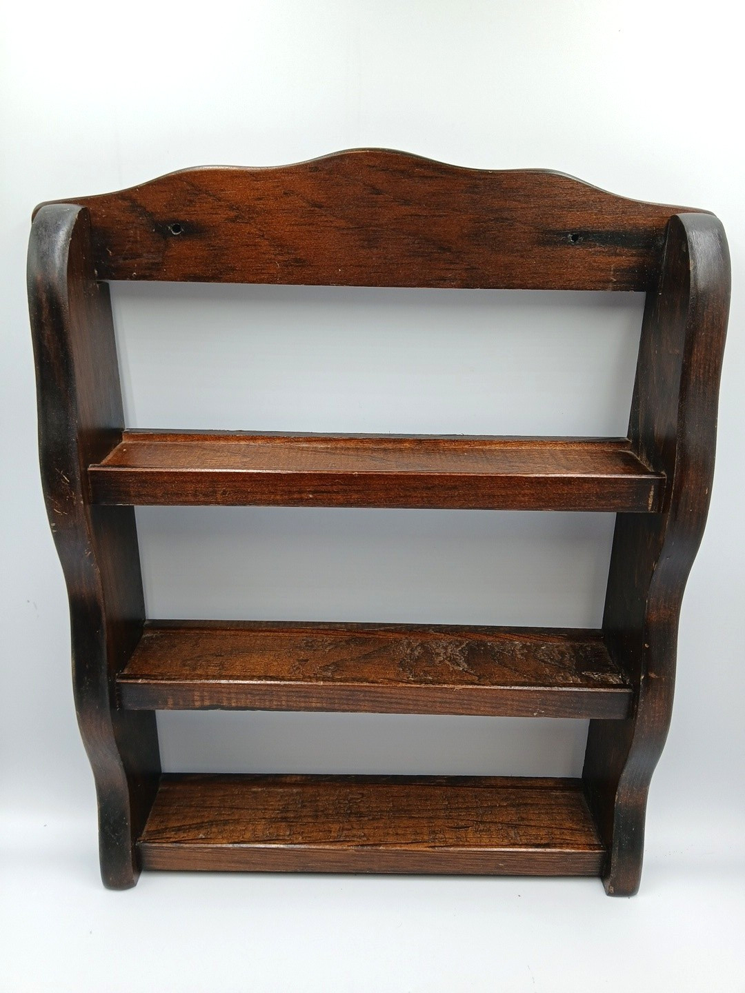 Vintage wood wall-mount spice rack shelf, farmhouse style