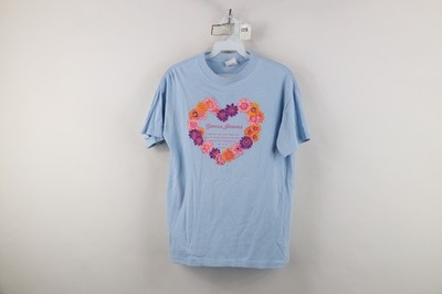Vintage 90s Guess Womens Medium Faded Spell Out Heart Flower T-Shirt Blue USA