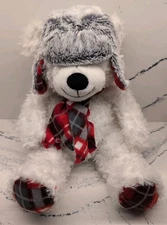 GT Gentle Treasure Plush White Polar Bear Hat Red Plaid Ear flaps Scarf Paws 12"