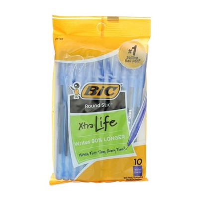 BiC Round Stic Xtra Life Ball Pen, Medium, Blue 20122, 10 Ct