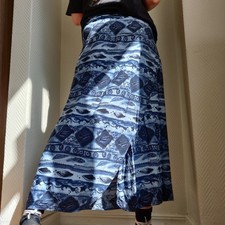 VTG Funky Abstract Print Wrap Skirt Blue Black Maxi Adjustable Waist Fairygrunge