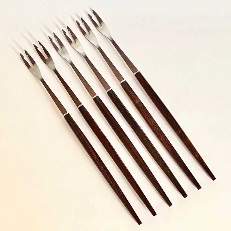6 Vtg Mid Century Modern Teak Wood Stainless Steel Fondue Forks in Box Long 12"