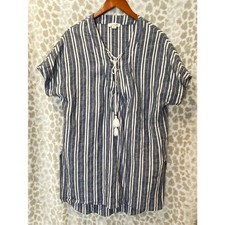 Simply Noelle Line Blend Blue White Striped Lace Up Neck Mini Dress Size Small