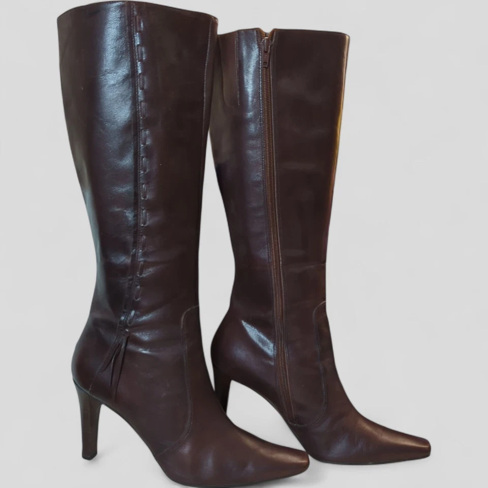 Marc Fisher Women Knee High Brown Boots Leather Side Zip Up High Heel Business - Image 3 of 4