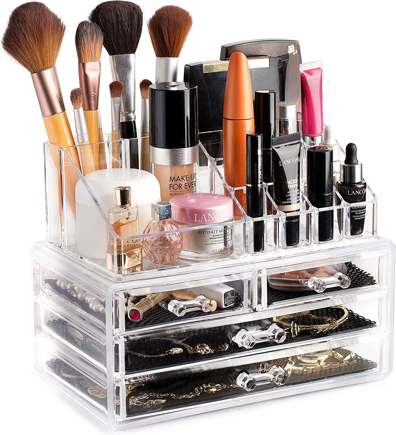 Clear Makeup Organizer – 16-Compartment Cosmetic and Jewelry Holder, 4-Drawer Va