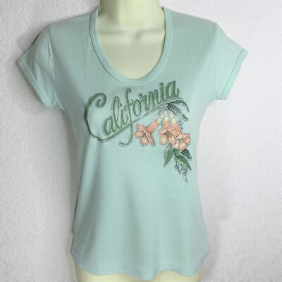 Vtg 90s Calfornia Women's T-Shirt S Orange African Tulip Trip V Neck Glitter