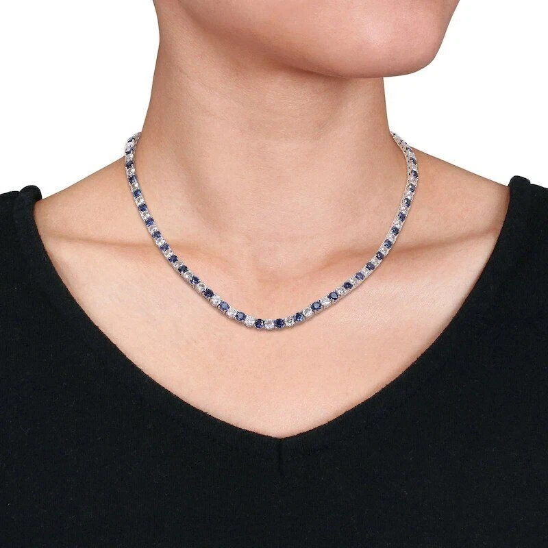 WHITE GOLD FINISH Round Cut Created Diamond and Blue Sapphire Necklace - Image 3 of 4