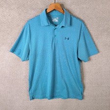 Under Armour Shirt Men Large Blue Striped Loose Polo Rugby Golf Heatgear Stretch