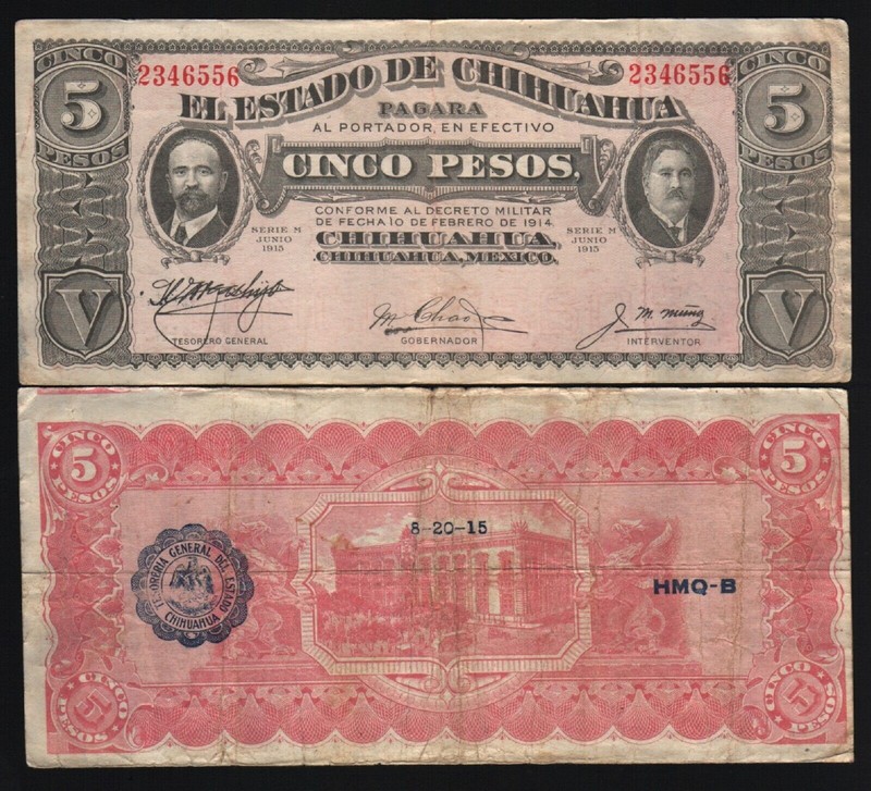 Mexico 5 PESOS P-S532 1915 Mexican CHIHUAHUA REVOLUTION World Currency BANK NOTE