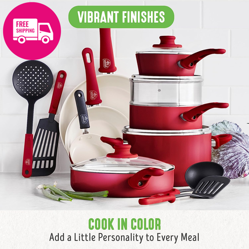 16-Piece Soft Grip Ceramic Nonstick Cookware Set PFAS-Free Red Dishwasher Safe - Picture 8 of 12