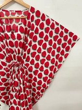 Cotton Block Print Ethnic Strawberry Red Women Summer Sleepwear Caftan Dress