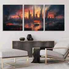 3pcs Dystopian Cityscape Skyscrapers Perfect Wall Art Canvas Framed 50x70cm