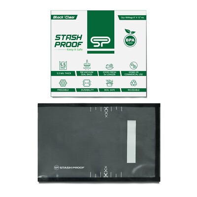 Stash Proof Vacuum Seal Bags 8'' x 12'' (100 Count) 5.5 Mil (Blk/Clear) BPA Free