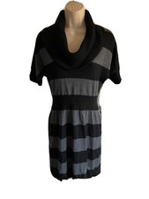 Ann Taylor Loft sweater dress fine knit merino wool black & gray stripe cowl S