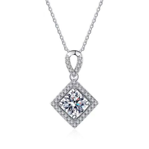 1CT Certified Moissanite Necklace D Color square Pendant S925 Solid Silver Women - Picture 5 of 9