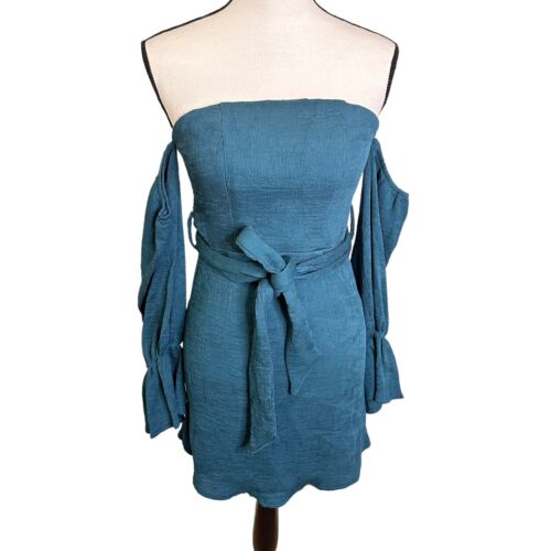 Selfie Leslie Off-Shoulder Dress Small Teal Bell Sleeve Mini Dress Party Elegant - Picture 6 of 10