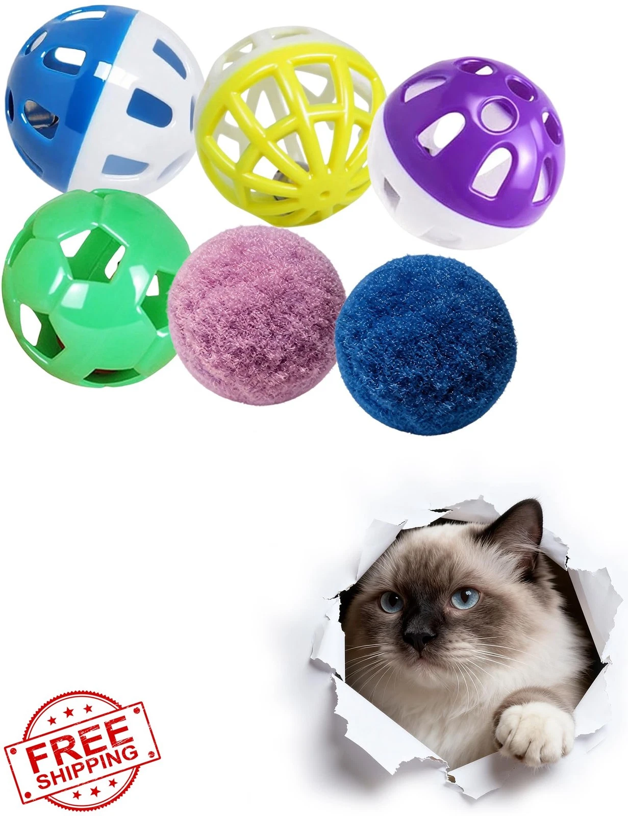 HEUHAI Cat Toy Balls 6 Pcs, Bell and Plush, Kitten Interactive, 1.5"