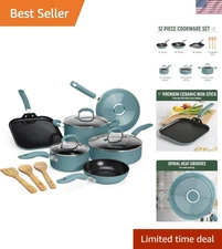 12-Piece Turquoise Ceramic Nonstick Cookware Set - PFOA Frees Health Cooking