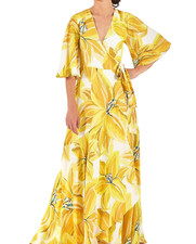 FARM RIO WRAP MAXI DRESS Yellow White Azalea Floral KEYHOLE BACK ACCENTS sz S