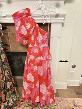 Farm Rio One Shoulder Dress Puff Sleeve Anthropologie Pink Dew Drop Floral M