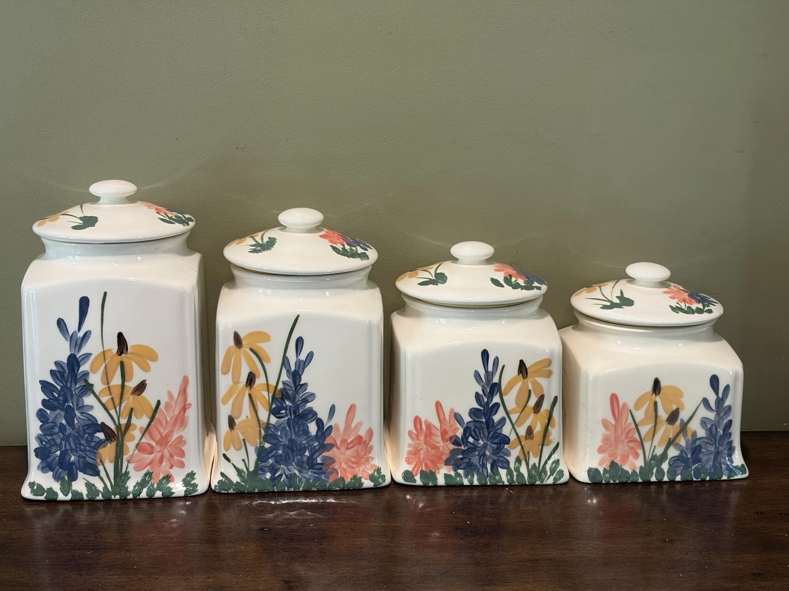 Vintage Floral Canisters Set Of 4 - Handpainted