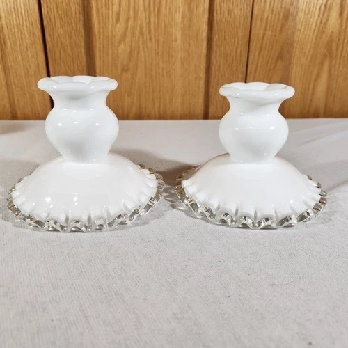 Vintage Fenton White Milk Glass Silver Crest  Candlesticks Candle Holders 3 1/4”