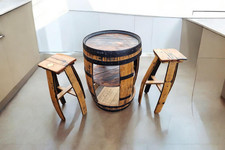 Reclaimed Whiskey Barrel Table with 2 Stools | Rustic Farmhouse Barrel Furniture