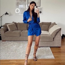 ZARA SATIN EFFECT WRAP MINI DRESS Blue MEDIUM 2143/256