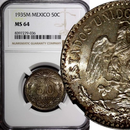 MEXICO Silver 1935 M 50 Centavos NGC MS64 Nice Toned KM# 448 (036)