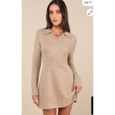 NWT Lulus Soft Serenity Heather Taupe Collared Sweater Mini Dress