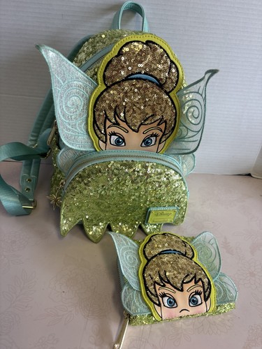 Disney Tinkerbell Sequin Loungefly Mini Backpack Bag and wallet