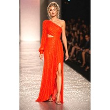 Mac Duggal Sequined One Shoulder Cut Out Gown - Tangerine - size 6