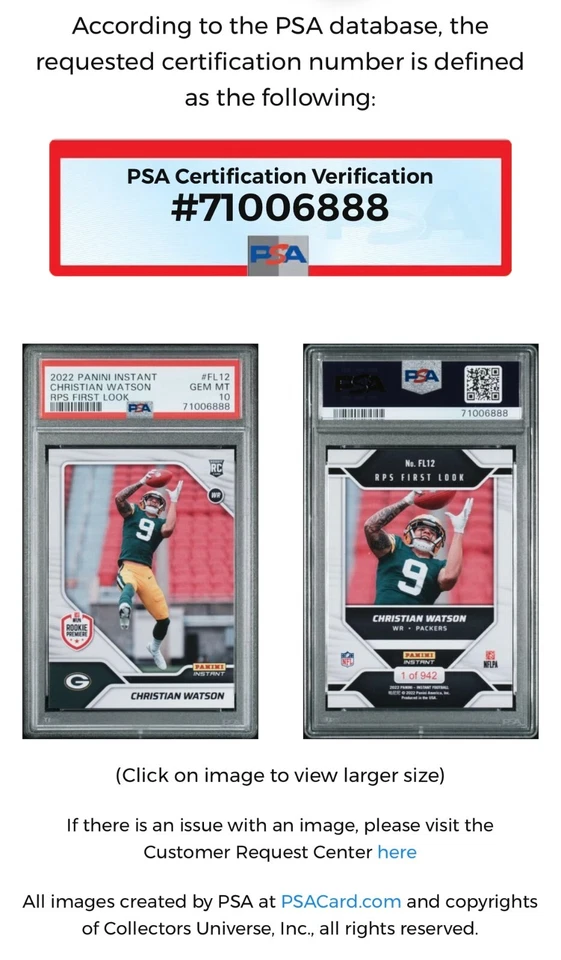 2022 PANINI INSTANT CHRISTIAN WATSON ROOKIE RPS FIRST LOOK #FL12 RC PSA 10 POP 4 - Image 3 of 4