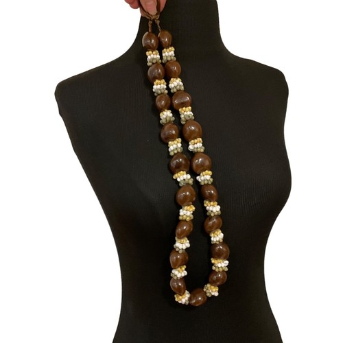 Vtg Kukui Tree Nuts Lei Necklace 28” Hawaiian Mongo Shell Koa Seed Rings Ribbon - Picture 7 of 11