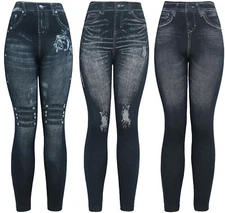 Dark Denim High Waist Women's Denim Print Fake Faux Jeans Leggings Pants