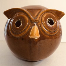 Large Round Owl Ceramic Brown Gold Money Coin Bank 8 Inch Tall
