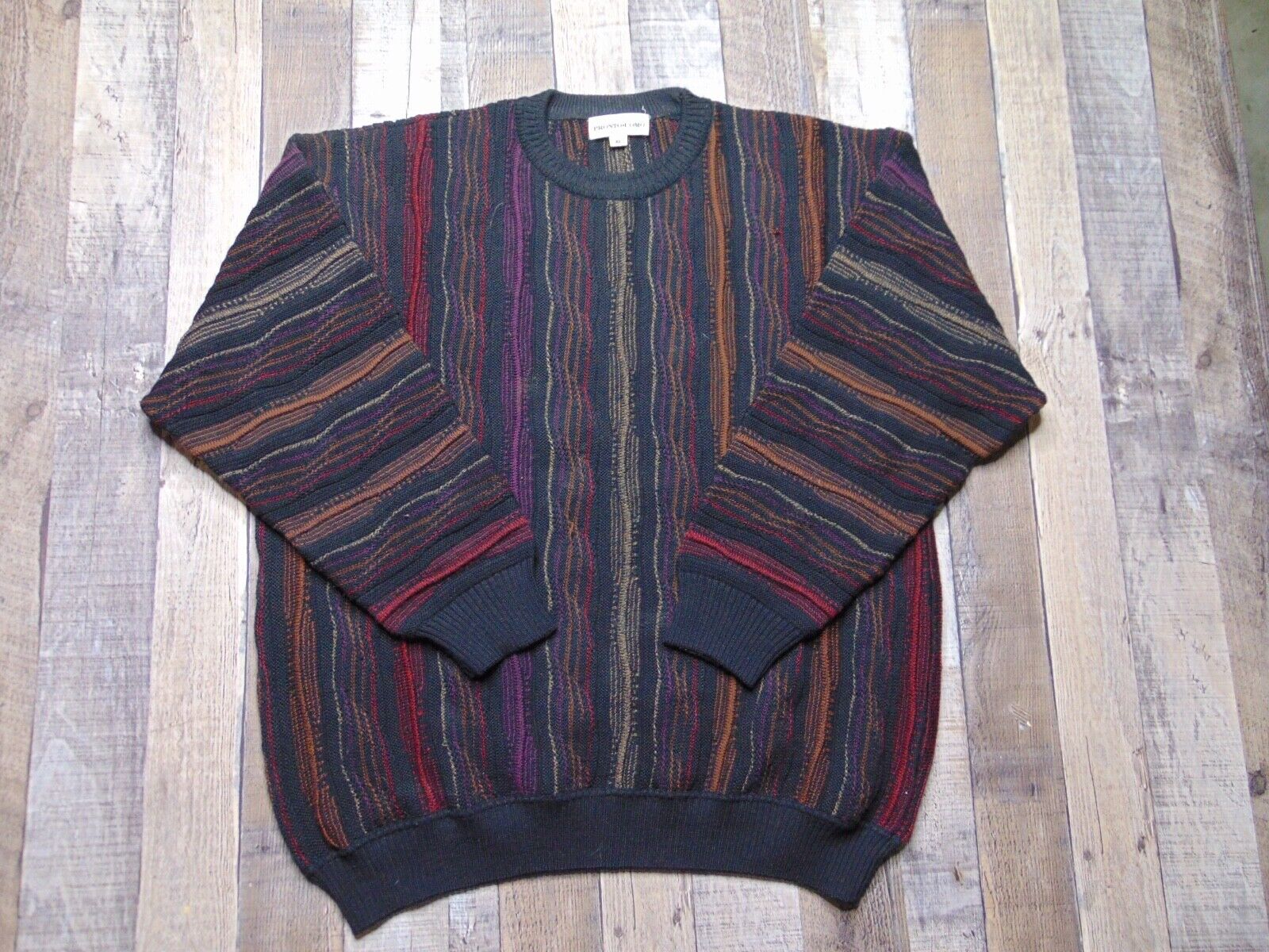 VTG Pronto Uomo Men XL Wool Blend 3D Textured Crewneck Sweater Biggie Cosby 90s