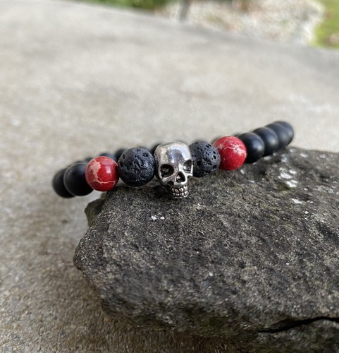 Men's Skull Beaded Bracelet Black Onyx and Lava Beaded Stretch Bracelet 8mm - Picture 5 of 5