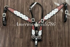 Western Brown Leather Bling Tack Set With White & Red Overlay Leather