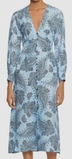  999 Sandro Women Blue Paisley V-Neck Long Sleeve Midi Silk A-Line Dress 36/US 4