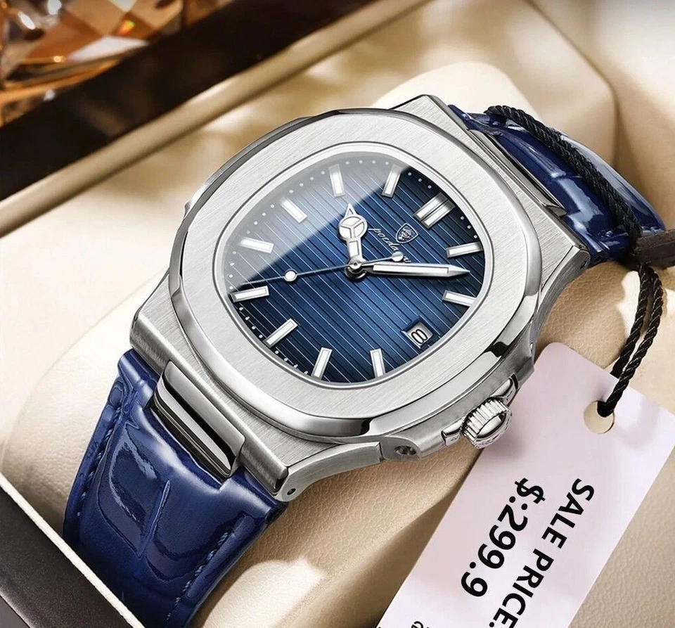 Leder Armbanduhr mit Datum - Herrenuhr Leuchtzeiger Luxusuhr + Uhrenbox - Bild 2 von 4