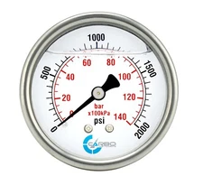 2" Pressure Gauge, Stainless Steel Case, Liquid Filled, Back Mnt, 2000 Psi