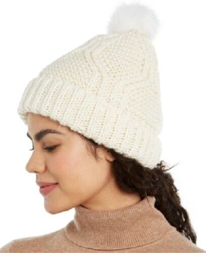 INC - Women's Cable-Shine Beanie with Faux Fur Pom, Ivory, One Size, NWT - Picture 1 of 1