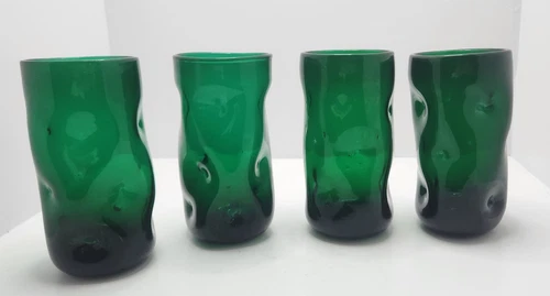 Vintage MCM  Blenko Large Dimple Glasses - 4 Emerald Green / Malachite- 418L