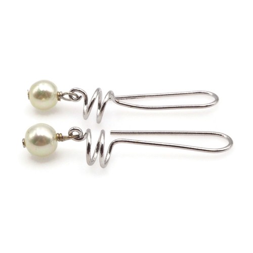Silver Tone Faux White 6mm Pearl Long Wire Dangle Drop Fashion Earrings - Picture 8 of 13