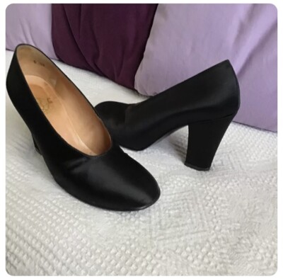 Shoes 3.5 Black Heels Satin Espace 36 1/2 5 1/2 6 Hostess Leather Soles Womens