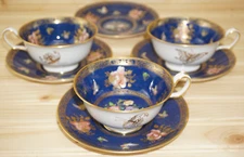 Spode Copeland Cobalt & Gold-Colorful Butterflies (3) Cups & (4) Saucers (G74)