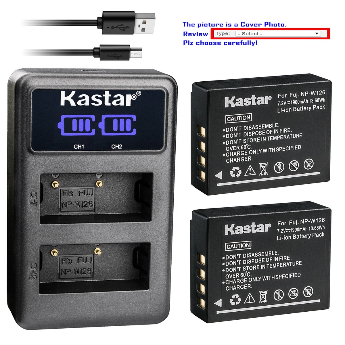 Kastar LCD Wall Charger Kit – Fuji NP-W126 NP-W126S For Fujifilm X-T2, 1900mAh